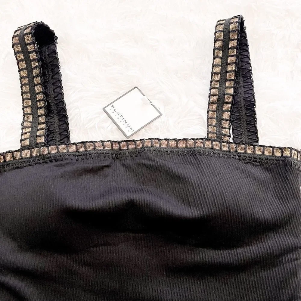 Platinum Swimwear Black Square Neck One Piece Swimsuit with Gold Trim SZ S BNWT